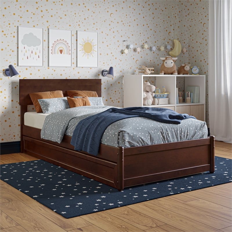 Wesley Twin Wood Platform Bed with Panel Footboard and Twin Trundle in Walnut