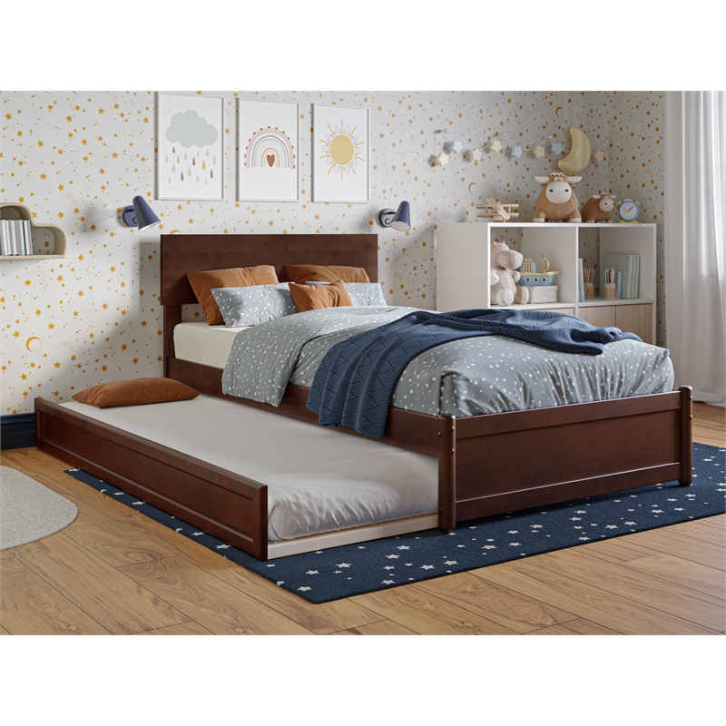 Wesley Twin Wood Platform Bed with Panel Footboard and Twin Trundle in Walnut