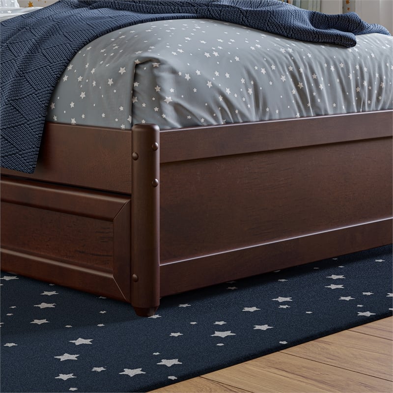 Wesley Twin Wood Platform Bed with Panel Footboard and Twin Trundle in Walnut