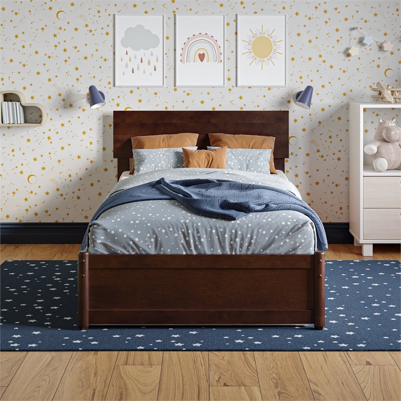 Wesley Twin Wood Platform Bed with Panel Footboard and Twin Trundle in Walnut