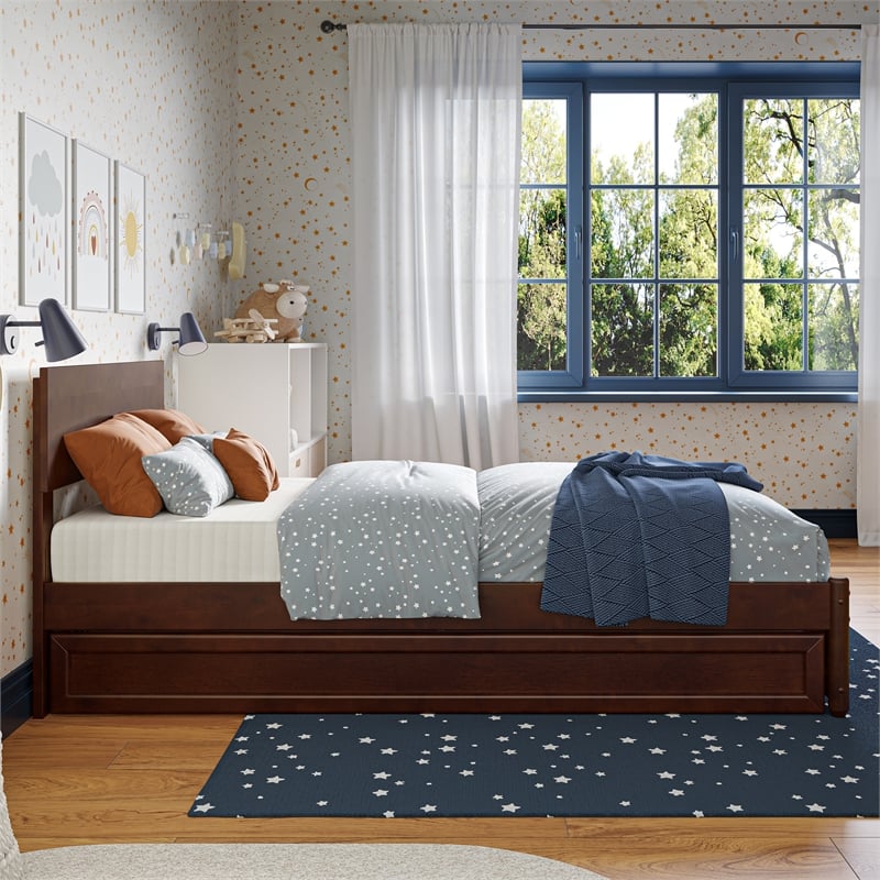 Wesley Twin Wood Platform Bed with Panel Footboard and Twin Trundle in Walnut