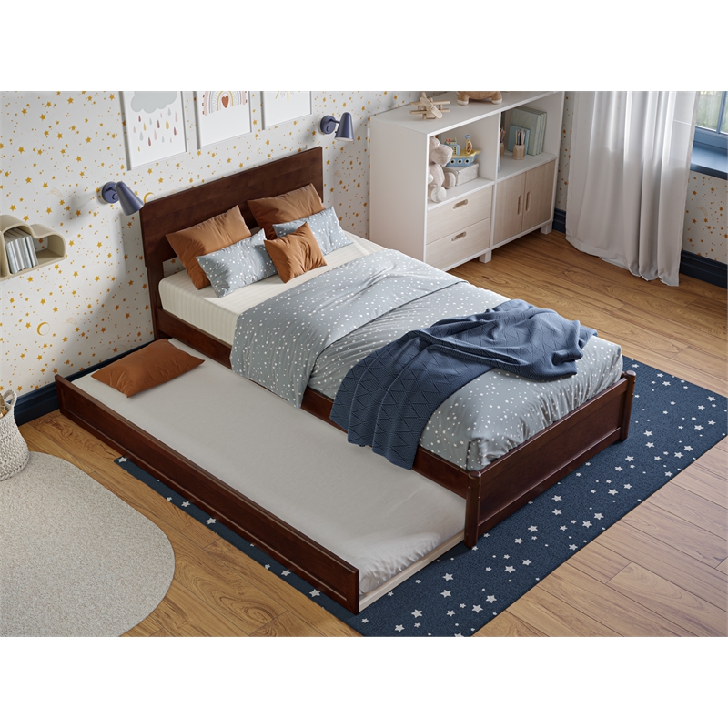 Wesley Twin Wood Platform Bed with Panel Footboard and Twin Trundle in Walnut