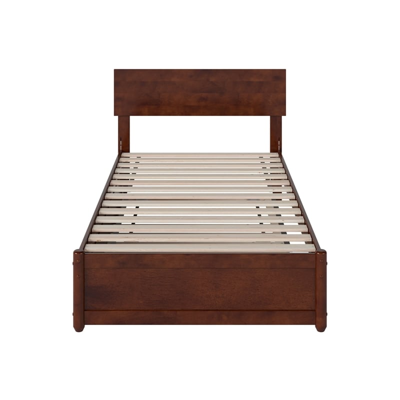 Wesley Twin Wood Platform Bed with Panel Footboard and Twin Trundle in Walnut