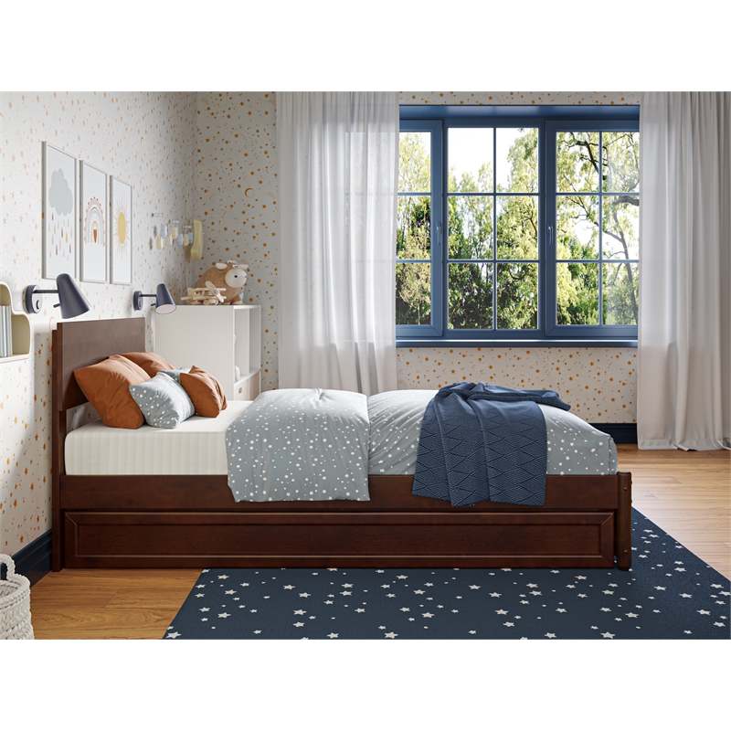 Wesley Twin Wood Platform Bed with Panel Footboard and Twin Trundle in Walnut