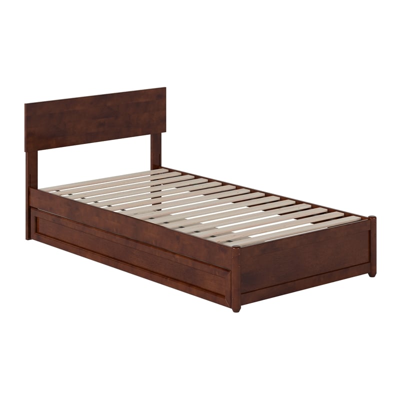 Wesley Twin Wood Platform Bed with Panel Footboard and Twin Trundle in Walnut