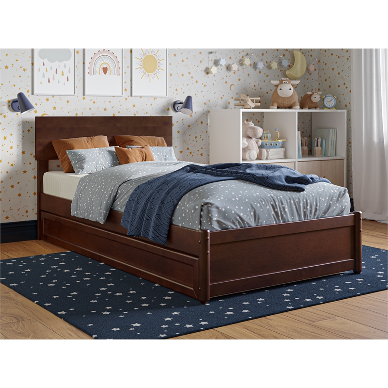Wesley Twin Wood Platform Bed with Panel Footboard and Twin Trundle in Walnut