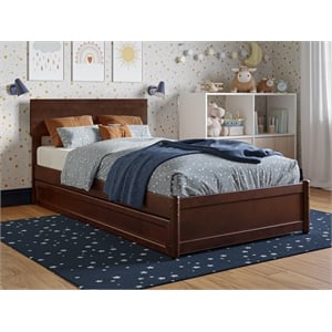 Wesley Twin Wood Platform Bed with Panel Footboard and Twin Trundle in Walnut