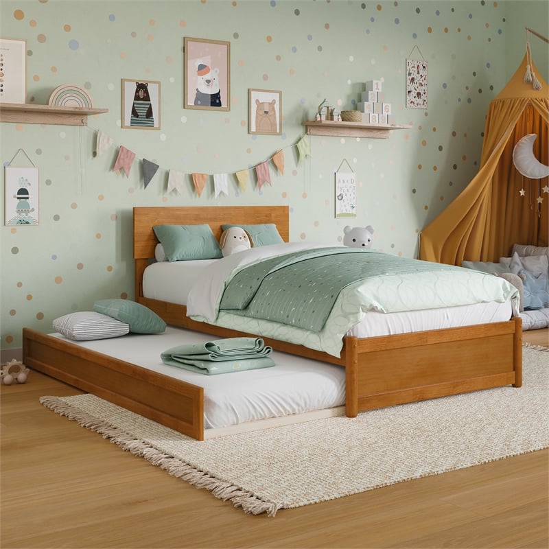 Wesley Twin Platform Bed with Panel Footboard & Twin Trundle in Light Toffee
