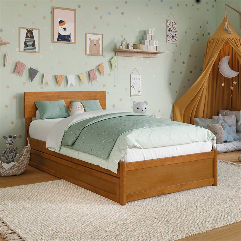 Wesley Twin Platform Bed with Panel Footboard & Twin Trundle in Light Toffee