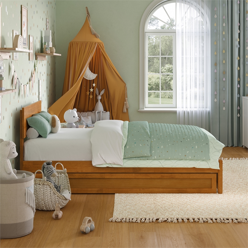 Wesley Twin Platform Bed with Panel Footboard & Twin Trundle in Light Toffee