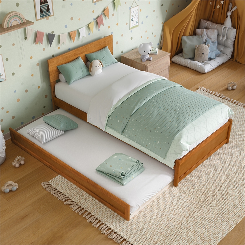 Wesley Twin Platform Bed with Panel Footboard & Twin Trundle in Light Toffee