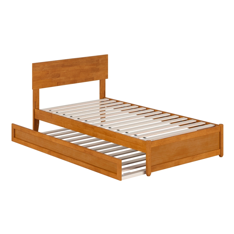 Wesley Twin Platform Bed with Panel Footboard & Twin Trundle in Light Toffee