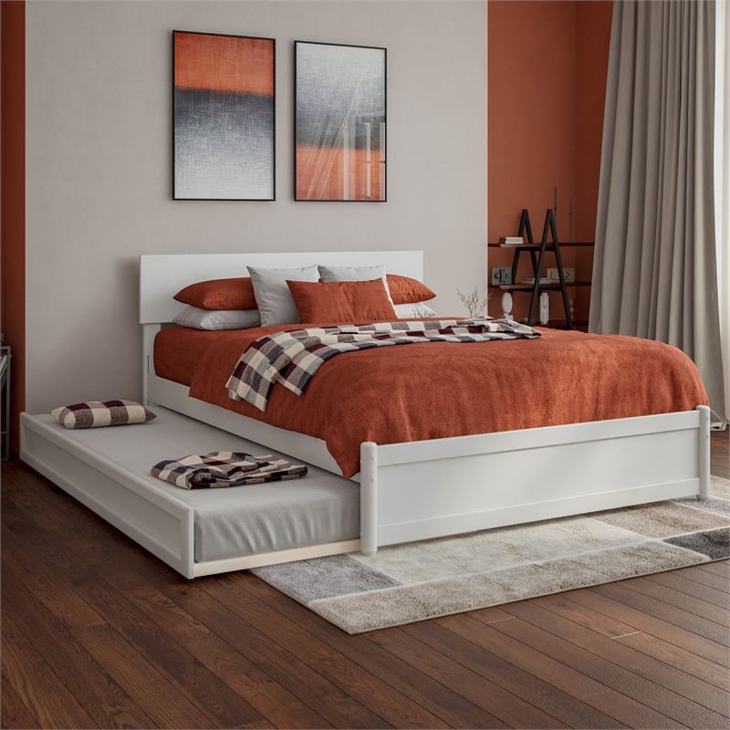 Wesley Full Wood Platform Bed with Panel Footboard and Twin Trundle in White