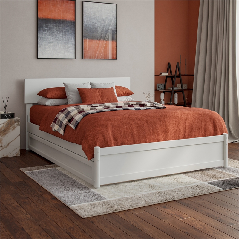 Wesley Full Wood Platform Bed with Panel Footboard and Twin Trundle in White
