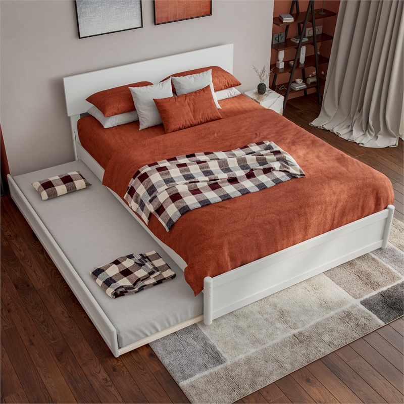 Wesley Full Wood Platform Bed with Panel Footboard and Twin Trundle in White