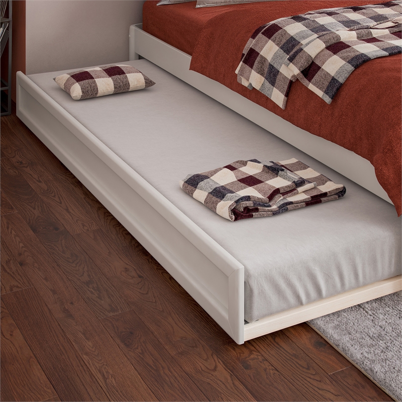 Wesley Full Wood Platform Bed with Panel Footboard and Twin Trundle in White