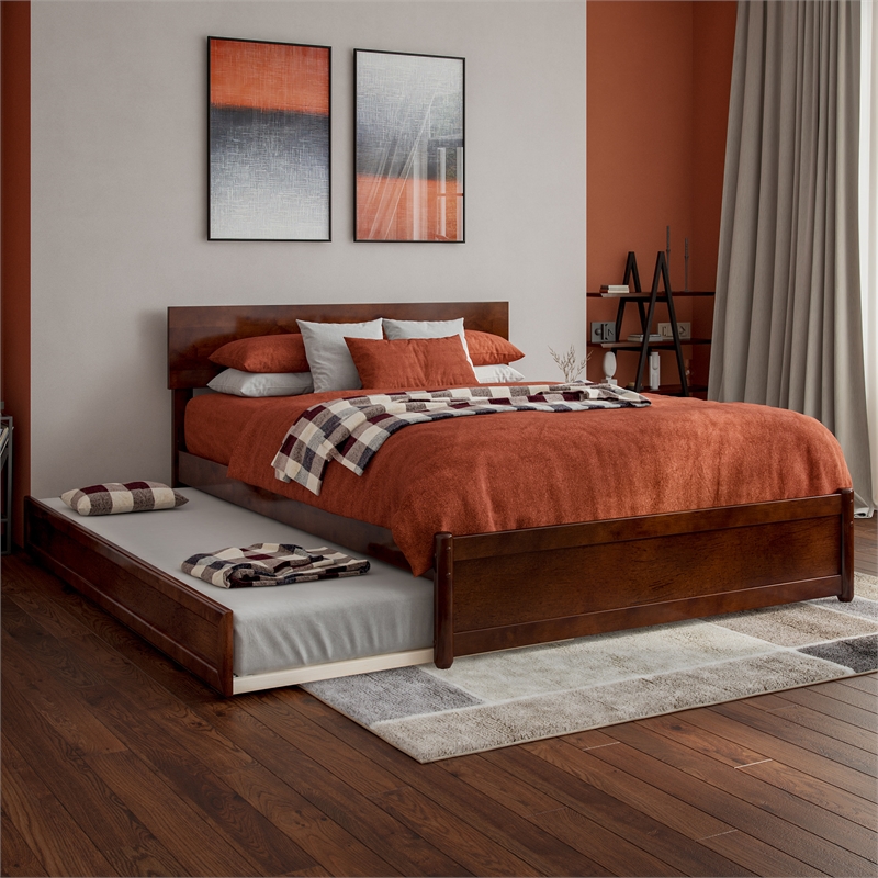 Wesley Full Wood Platform Bed with Panel Footboard and Twin Trundle in Walnut