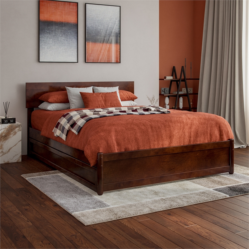 Wesley Full Wood Platform Bed with Panel Footboard and Twin Trundle in Walnut