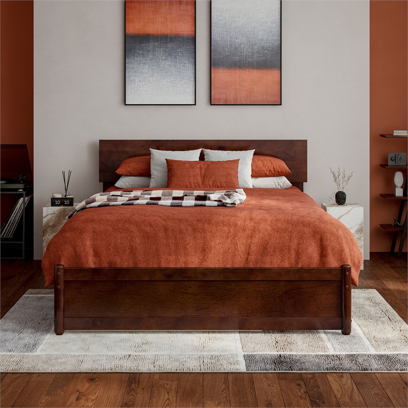 Wesley Full Wood Platform Bed with Panel Footboard and Twin Trundle in Walnut