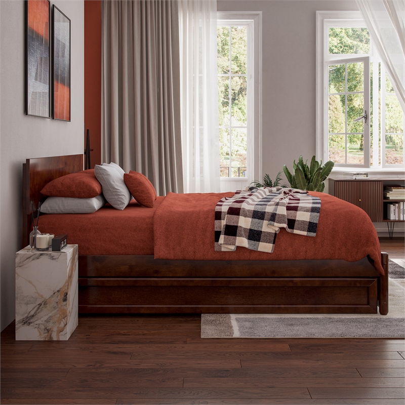 Wesley Full Wood Platform Bed with Panel Footboard and Twin Trundle in Walnut