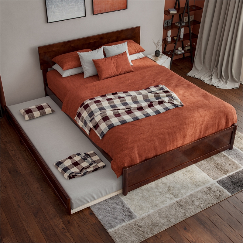 Wesley Full Wood Platform Bed with Panel Footboard and Twin Trundle in Walnut