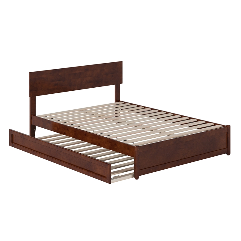 Wesley Full Wood Platform Bed with Panel Footboard and Twin Trundle in Walnut