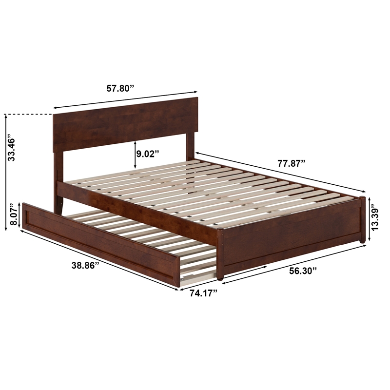 Wesley Full Wood Platform Bed with Panel Footboard and Twin Trundle in Walnut