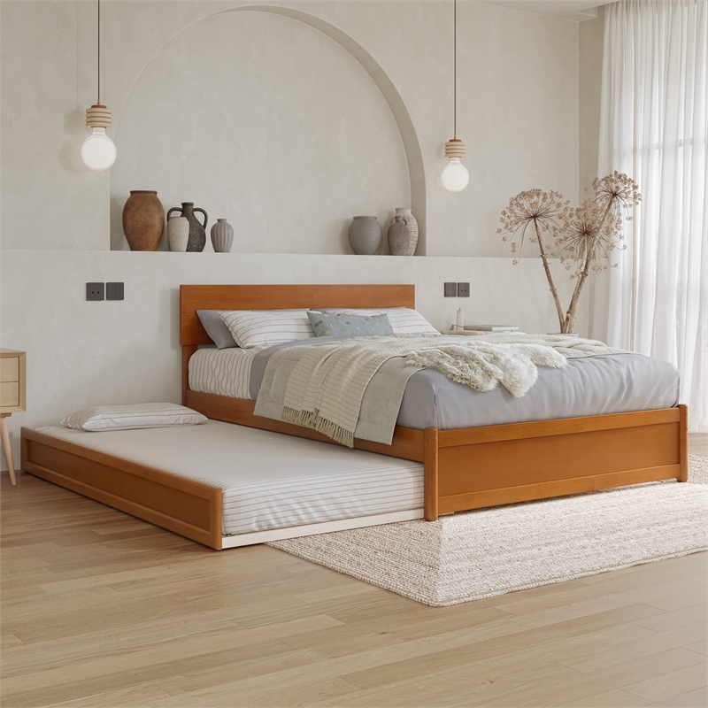 Wesley Full Platform Bed with Panel Footboard & Twin Trundle in Light Toffee