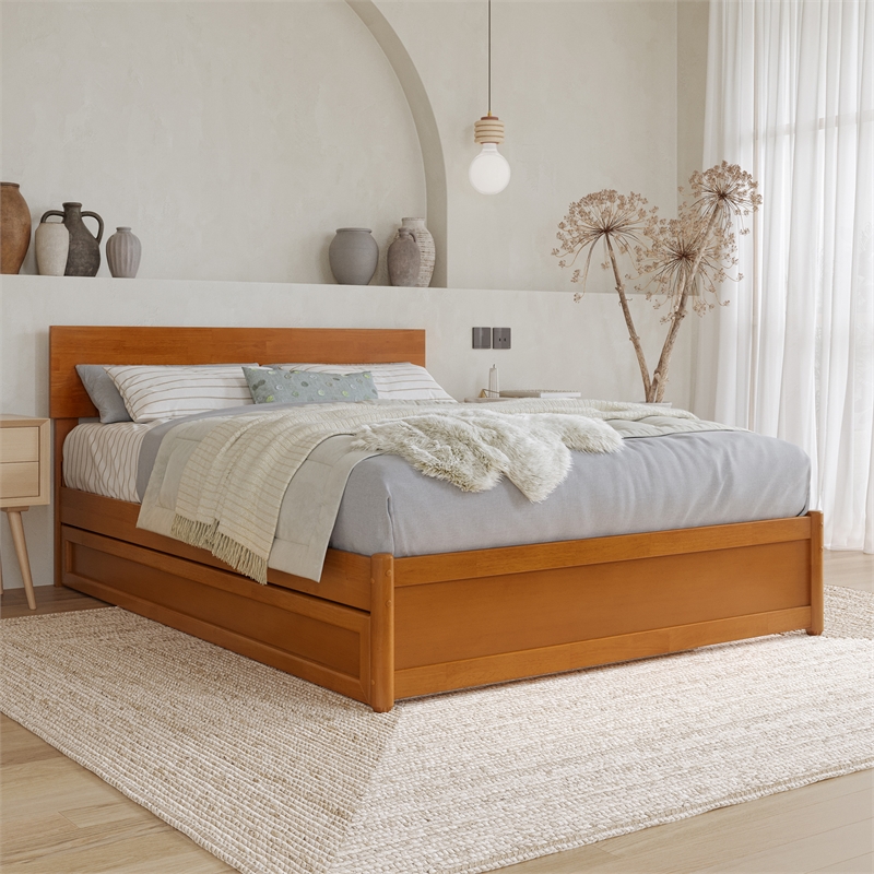 Wesley Full Platform Bed with Panel Footboard & Twin Trundle in Light Toffee