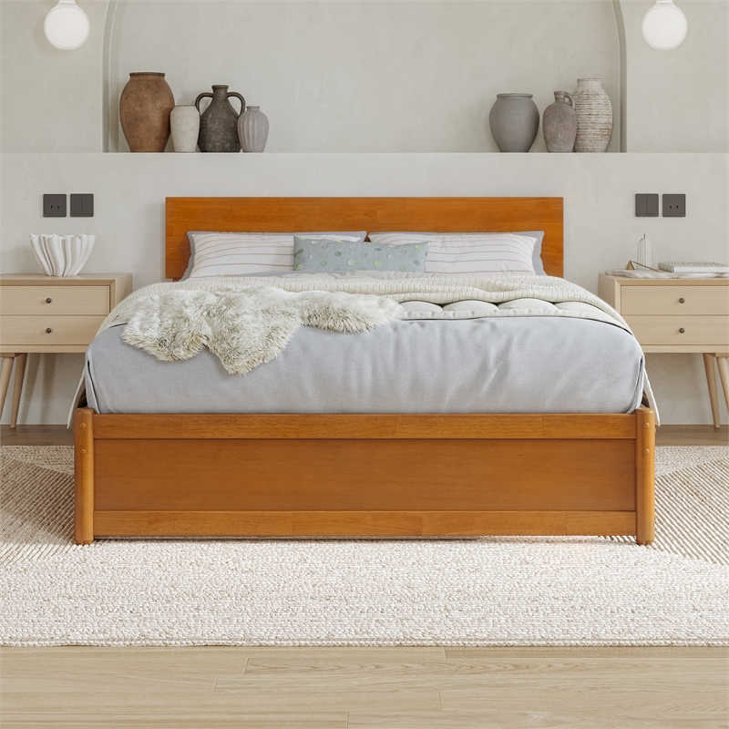 Wesley Full Platform Bed with Panel Footboard & Twin Trundle in Light Toffee