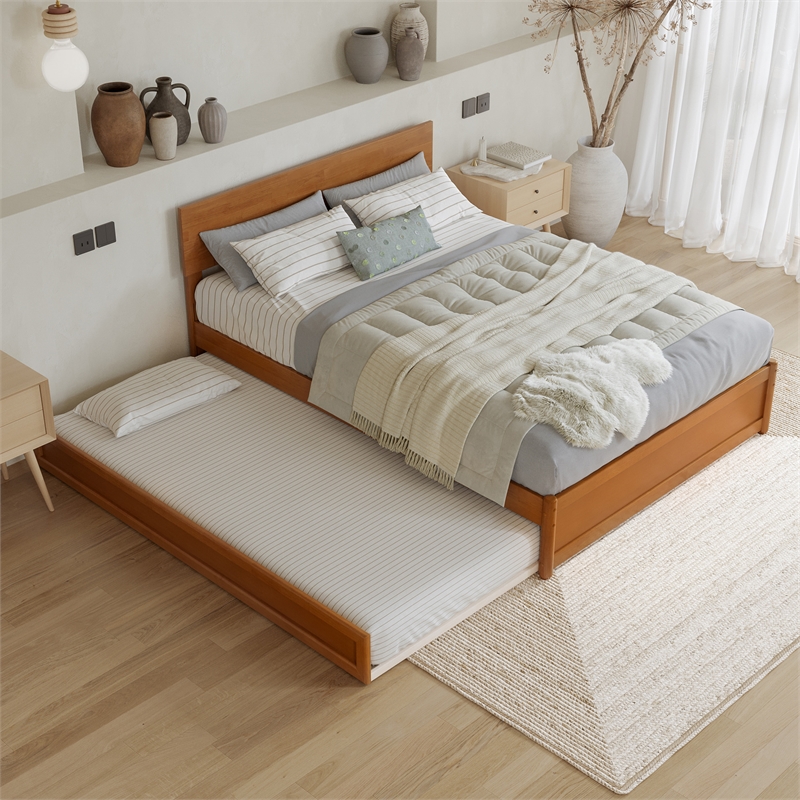 Wesley Full Platform Bed with Panel Footboard & Twin Trundle in Light Toffee