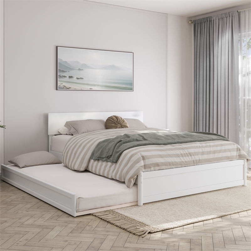Wesley Queen Wood Platform Bed with Panel Footboard and Twin XL Trundle in White