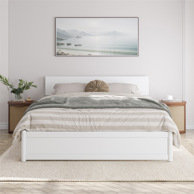 Wesley Queen Wood Platform Bed with Panel Footboard and Twin XL Trundle in White