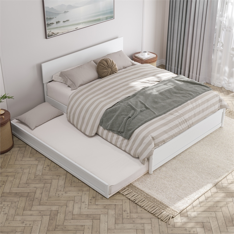 Wesley Queen Wood Platform Bed with Panel Footboard and Twin XL Trundle in White