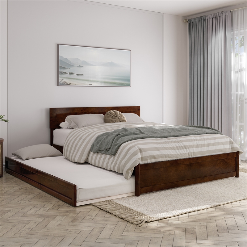 Wesley Queen Wood Platform Bed with Panel Footboard & Twin XL Trundle in Walnut