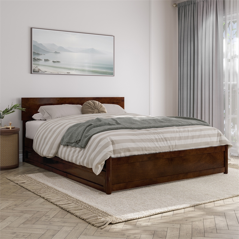 Wesley Queen Wood Platform Bed with Panel Footboard & Twin XL Trundle in Walnut