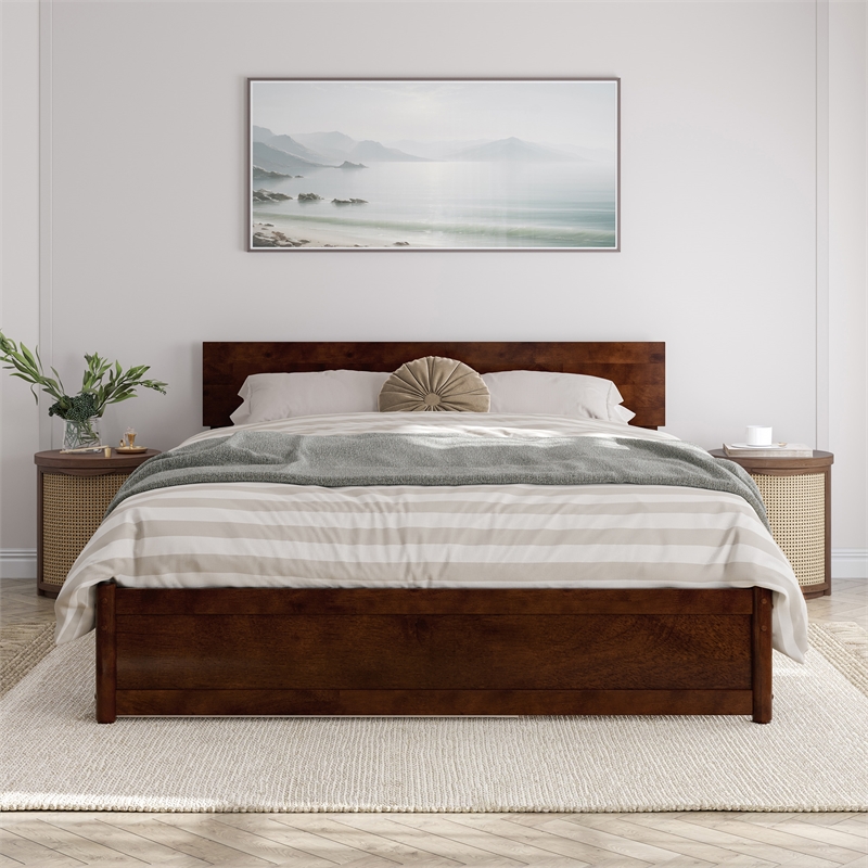 Wesley Queen Wood Platform Bed with Panel Footboard & Twin XL Trundle in Walnut