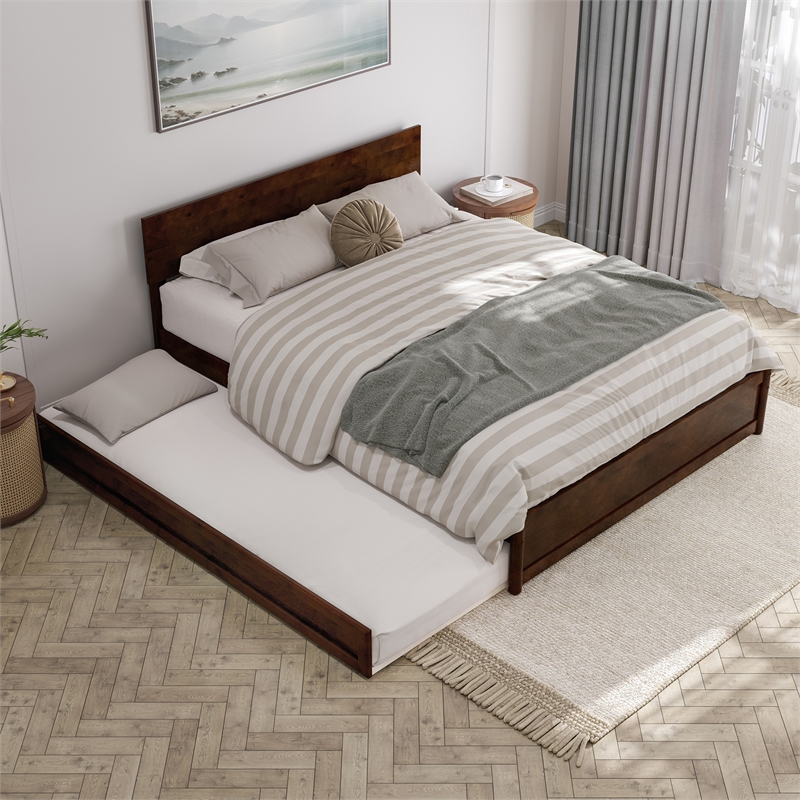 Wesley Queen Wood Platform Bed with Panel Footboard & Twin XL Trundle in Walnut