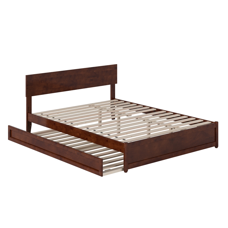 Wesley Queen Wood Platform Bed with Panel Footboard & Twin XL Trundle in Walnut