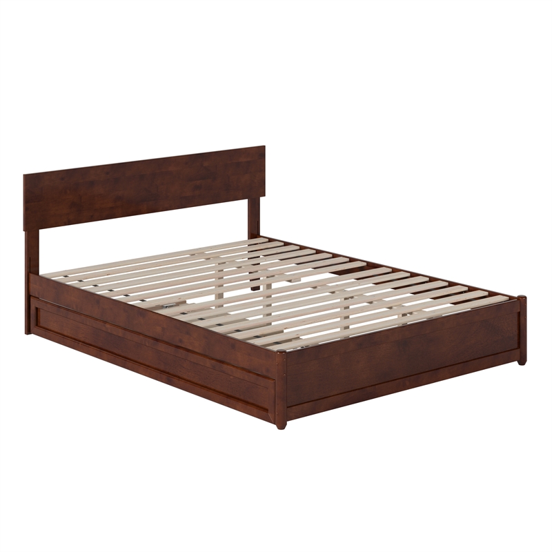 Wesley Queen Wood Platform Bed with Panel Footboard & Twin XL Trundle in Walnut
