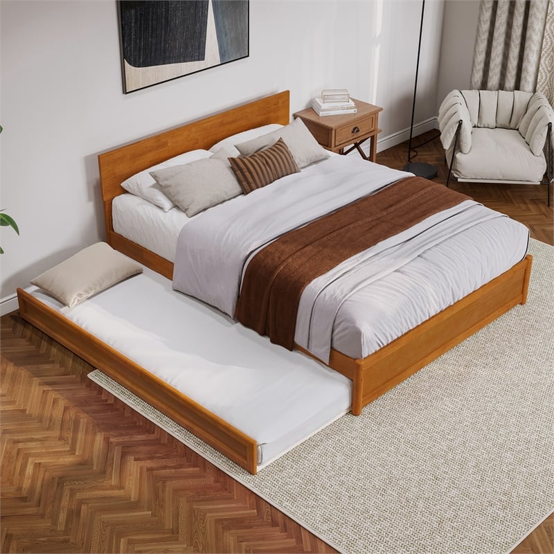 Wesley Queen Platform Bed with Panel Footboard & TXL Trundle in Light Toffee