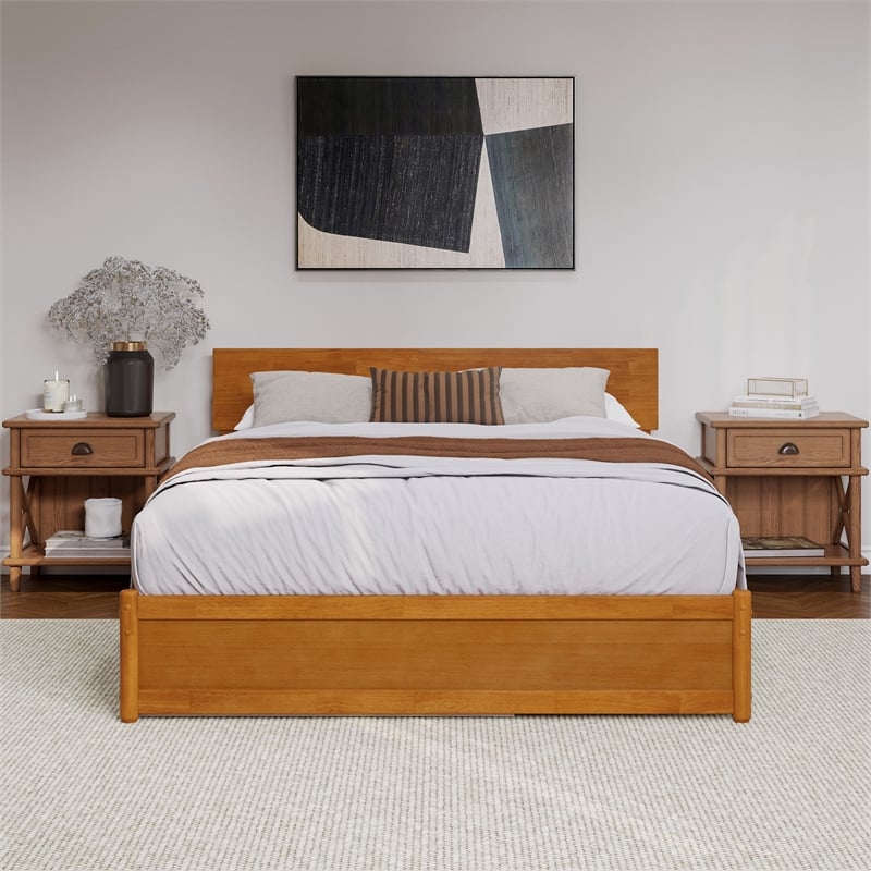 Wesley Queen Platform Bed with Panel Footboard & TXL Trundle in Light Toffee