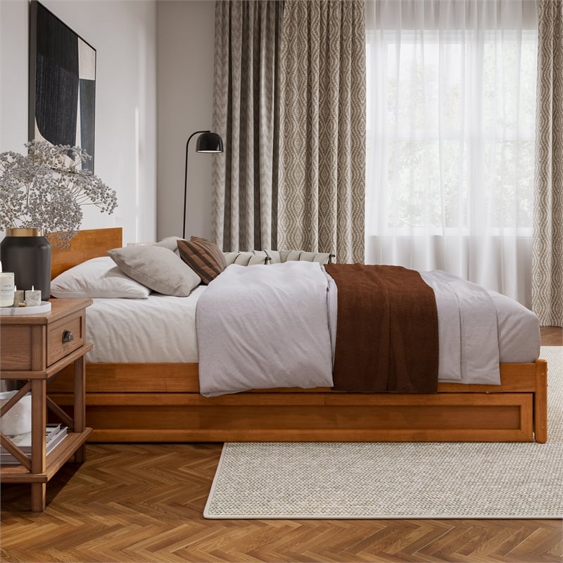Wesley Queen Platform Bed with Panel Footboard & TXL Trundle in Light Toffee