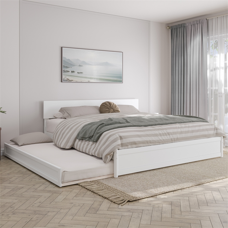 Wesley King Wood Platform Bed with Panel Footboard and Twin XL Trundle in White