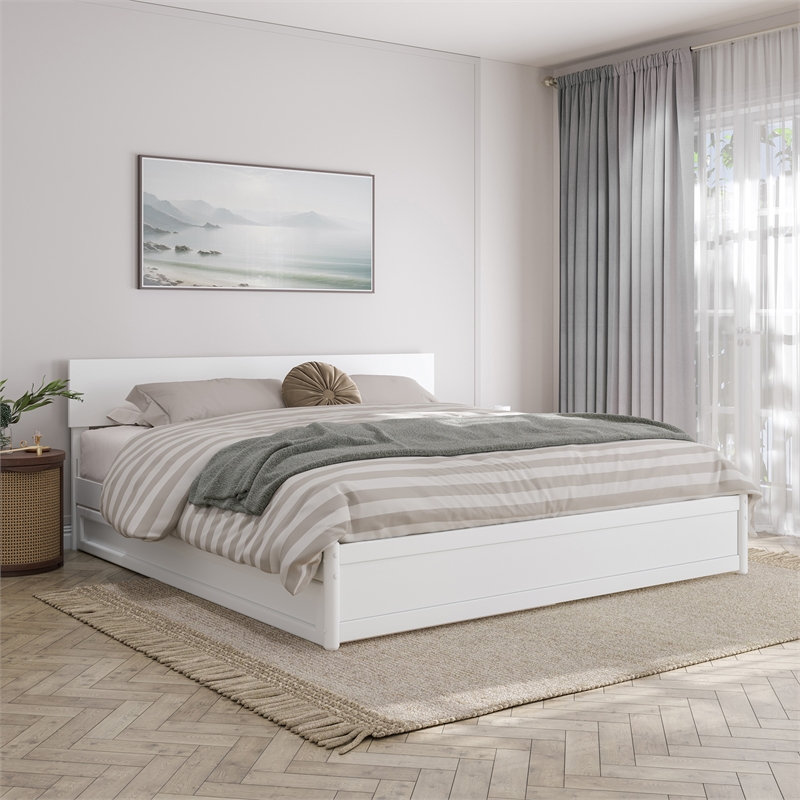 Wesley King Wood Platform Bed with Panel Footboard and Twin XL Trundle in White