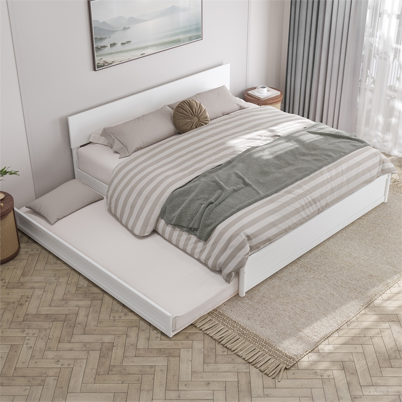 Wesley King Wood Platform Bed with Panel Footboard and Twin XL Trundle in White