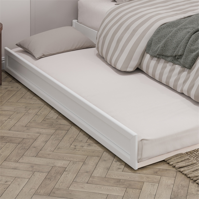 Wesley King Wood Platform Bed with Panel Footboard and Twin XL Trundle in White