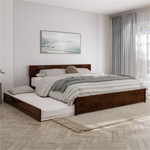 Wesley King Wood Platform Bed with Panel Footboard and Twin XL Trundle in Walnut