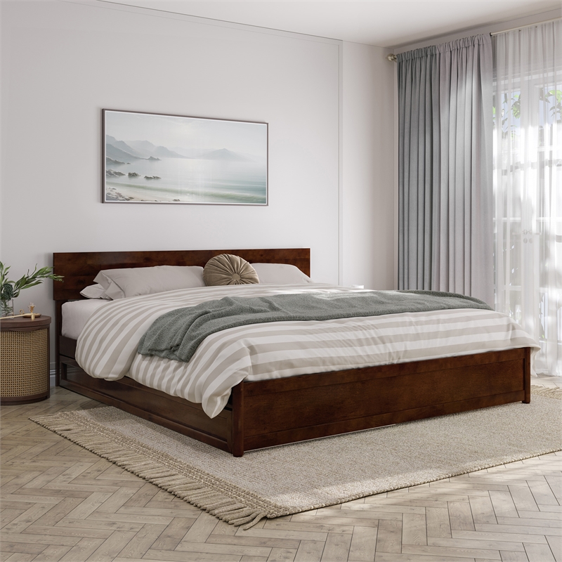 Wesley King Wood Platform Bed with Panel Footboard and Twin XL Trundle in Walnut