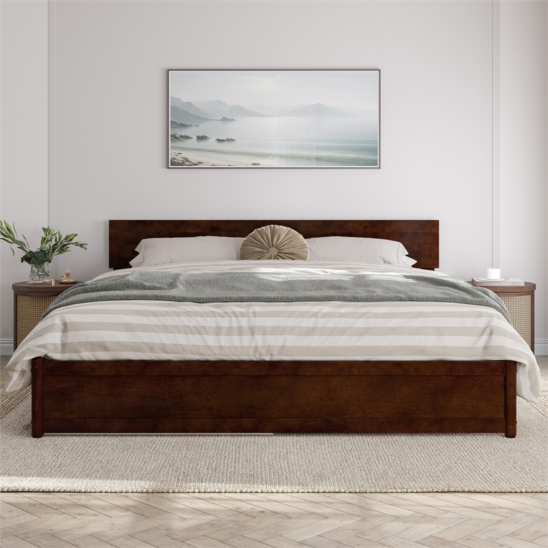 Wesley King Wood Platform Bed with Panel Footboard and Twin XL Trundle in Walnut